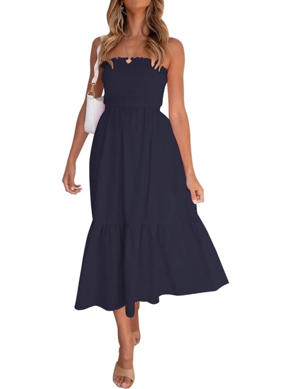 Women's Solid Navy Summer Boho Strapless Maxi Off Shoulder Smocked Flowy Dress